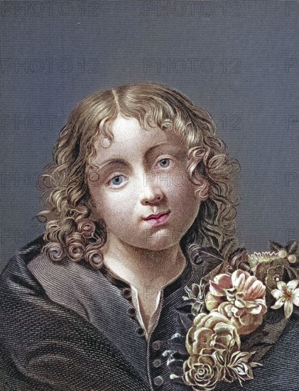 Jesus Christ as a boy. portrait of a child with curly hair and a bouquet of flowers. gentle and dreamy atmosphere. after a painting by Carlo Dolci. digitally restored reproduction of an old original. historical. exact date unknown