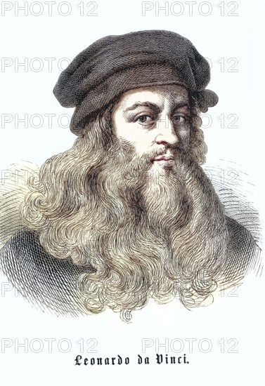 Leonardo da Vinci (born April 15. 1452. died May 2. 1519 at Clos Lucé Castle). Italian painter. sculptor. architect. anatomist. mechanic. engineer. and natural philosopher. digitally restored reproduction of an old original. historical. exact date unknown