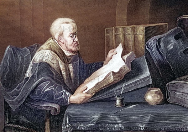 scholar with a book at a desk. reading. Elderly man reading a book with concentration. quiet study room atmosphere. around 1680. after a painting by Nicolaes Maes. digitally restored reproduction of an old original. Historical. exact date unknown