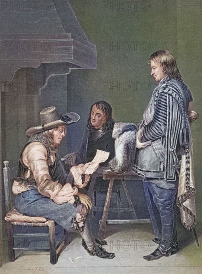 The orderly. a soldier assigned to deliver orders. hands a letter to a man. Three men in historical clothing discussing a document. informal scene. after a painting by Metsu. digitally restored reproduction of an old original. Historical. exact date unknown.