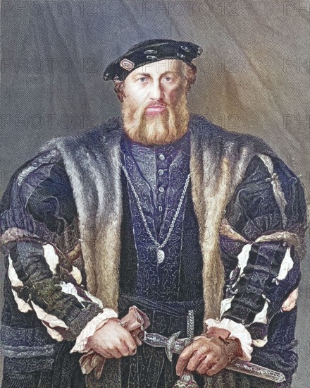 Goldsmith and jeweler Hubert Morett. Charles de Solier. Sieur de Morette (1480-1552). English goldsmith under Henry VIII. after a painting by Holbein. digitally restored reproduction of an old original. historical. exact date unknown
