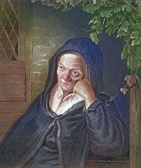 The mother of the painter Adriaen van Ostade. pensive woman in a black headscarf. melancholic mood at the window. after a painting by himself. digitally restored reproduction of an old original. historical. exact date unknown