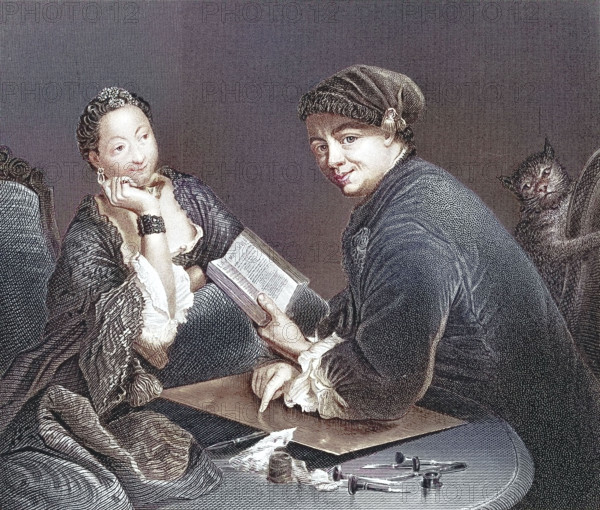 Engraver Georg Friedrich Schmidt with copper plate. burin. book in conversation with a noble lady. man and woman in conversation with a book. in elaborate Victorian clothing. satirical depiction. after a painting by Antoine Pesne. digitally restored reproduction of an old original. historical. exact date unknown