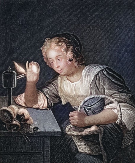 The egg test. a child curiously examines a chicken egg lit by a candle in a dark room. after a painting by Godefried Schalken. digitally restored reproduction of an old original. historical. exact date unknown