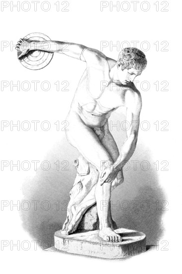 The Diskobolos. a discus thrower by the Greek bronze caster Myron. also known as the Diskobol of Myron. is one of the most famous Greek statues of all time. It presumably depicts a winner of the decathlon discipline of discus throwing. Digitally restored reproduction of an ancient model. Historical. exact date unknown.