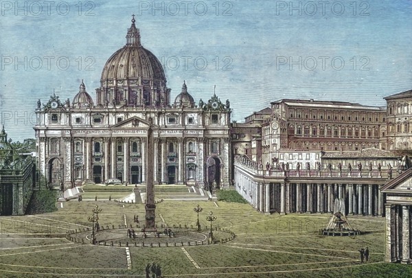 St. Peter's Basilica in Rome. St. Peter's Basilica. is the memorial church of the apostle Simon Peter. Vatican. Rome. Italy. digitally restored reproduction of an ancient original. Historical. exact date unknown