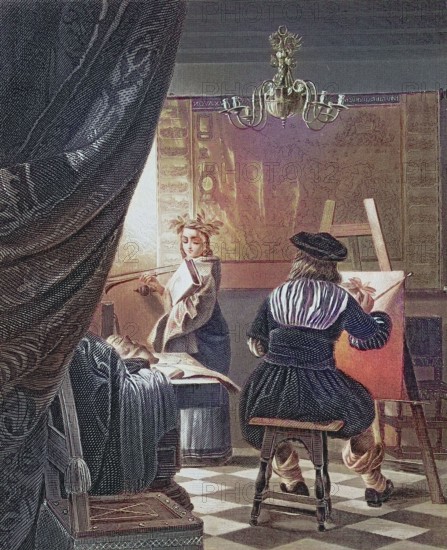 The Painter's Studio. Two artists in a studio. one painting on a canvas. surrounded by fabrics and a chandelier. after a painting by Jan van der Meer. digitally restored reproduction of an old original. Historical. exact date unknown