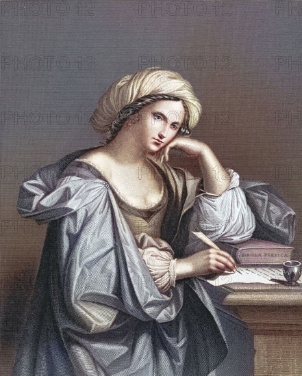 Sybilla persica. Persian Sibyl. one of the ten Sibyls. pensive woman writing a letter. after a painting by Guercino. digitally restored reproduction of an old original. historical. exact date unknown