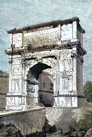 Arch of Titus. Arco di Tito. a single-arch triumphal arch on the Velia. a hill in Rome. Italy. digitally restored reproduction of an ancient original. historical. exact date unknown