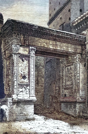 Triumphal Arch of Septimius Severus. Rome. Italy. digitally restored reproduction of an ancient model. historical. exact date unknown