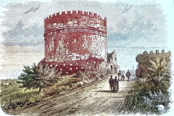 Tomb of Caecilia Metella. Tomba di Cecilia Metella. funerary monument on the Via Appia Antica in Rome. Italy. digitally restored reproduction of an ancient model. historical. exact date unknown