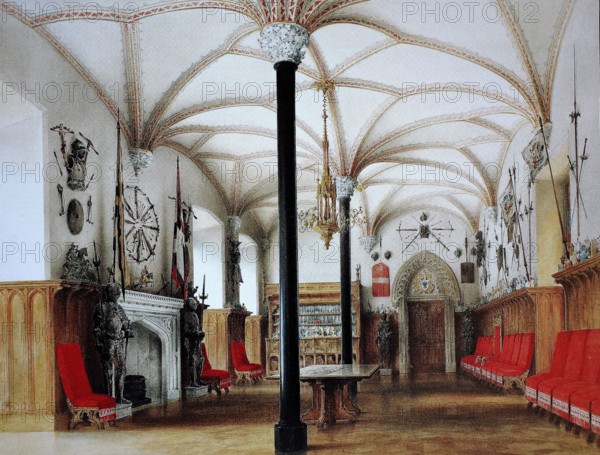 The Knight's Hall in Stolzenfels Castle near Koblenz around 1845. Rhineland-Palatinate. Germany. digitally restored reproduction of an old original. historical. exact date unknown