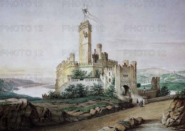 Stolzenfels Castle near Koblenz around 1845. Rhineland-Palatinate. Germany. digitally restored reproduction of an old original. historical. exact date unknown