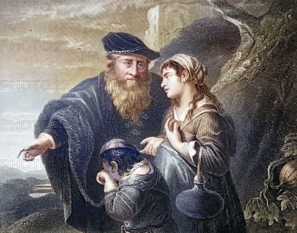 Abraham. according to the biblical book of Genesis. one of the three patriarchs of the people of Israel. and Hagar. in the Old Testament the Egyptian maid of Sarah. concubine of Abraham. after a painting by Govaert Flinck. digitally restored reproduction of an old original. historical. exact date unknown