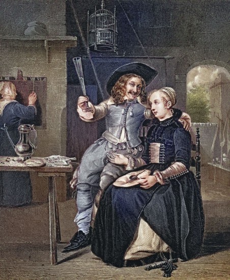 In the Tavern. a cheerful man with a woman. around 1700. after a painting by Gabriel Metsu. digitally restored reproduction of an old original. historical. exact date unknown