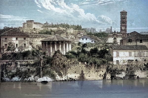 Temple of Hercules Victor and Cloaca Maxima. part of an ancient canal system in Rome. around 1850. Rome. Italy. digitally restored reproduction of an old original. historical. exact date unknown