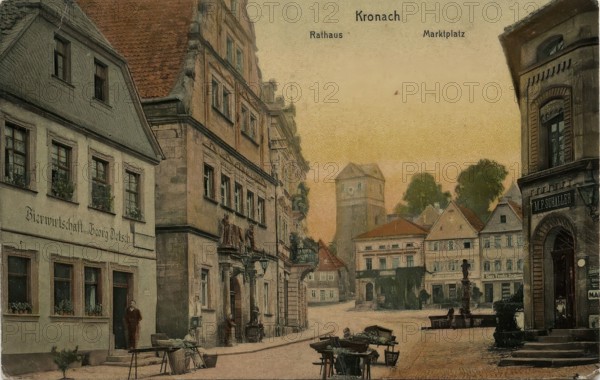Postcard of Kronach. around 1900. Upper Franconia. Bavaria. Germany. digitally enhanced reproduction from a 19th-century original. colored. historical. exact date unknown