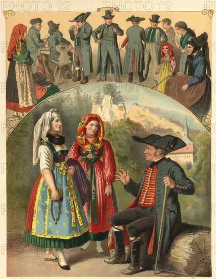 Traditional costumes from Franconian Switzerland. Upper Franconia. Bavaria. Germany. digitally enhanced reproduction from a 19th-century original. colored. historical. exact date unknown