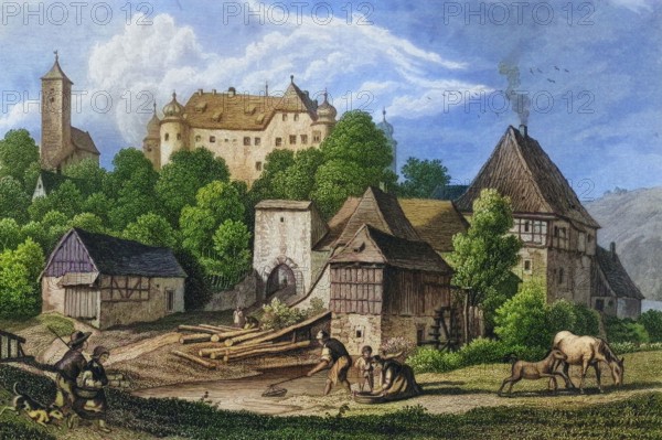 Aufsess Castle. Aufsess. Oberaufsess Castle. Oberaufsess. around 1850. Franconian Switzerland. Bayreuth district. Upper Franconia. Bavaria. Germany. digitally enhanced reproduction from a 19th-century original. colored. historical. exact date unknown