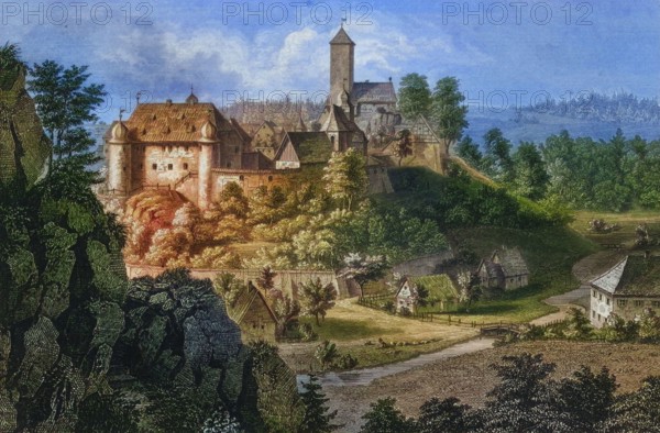 Aufsess Castle. Aufsess. Oberaufsess Castle. Oberaufsess. around 1850. Franconian Switzerland. Bayreuth district. Upper Franconia. Bavaria. Germany. digitally enhanced reproduction from a 19th-century original. colored. historical. exact date unknown