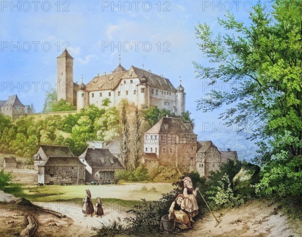 Aufsess Castle. Aufsess. Oberaufsess Castle. Oberaufsess. around 1850. Franconian Switzerland. Bayreuth district. Upper Franconia. Bavaria. Germany. digitally enhanced reproduction from a 19th-century original. colored. historical. exact date unknown