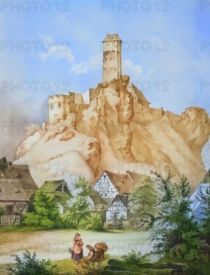 Veldenstein Castle. medieval hilltop castle. around 1850. near Neuhaus an der Pegnitz. Franconian Switzerland. Nuremberg region. Middle Franconia. Bavaria. Germany. digitally enhanced reproduction from a 19th-century original. colored. historical. exact date unknown