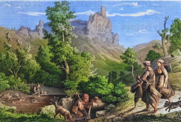 Neideck Castle ruins around 1850. a former high medieval aristocratic castle above the village of Streitberg. Franconian Switzerland. Forchheim district. Upper Franconia. Bavaria. Germany. digitally enhanced reproduction from a 19th-century original. colored. historical. exact date unknown