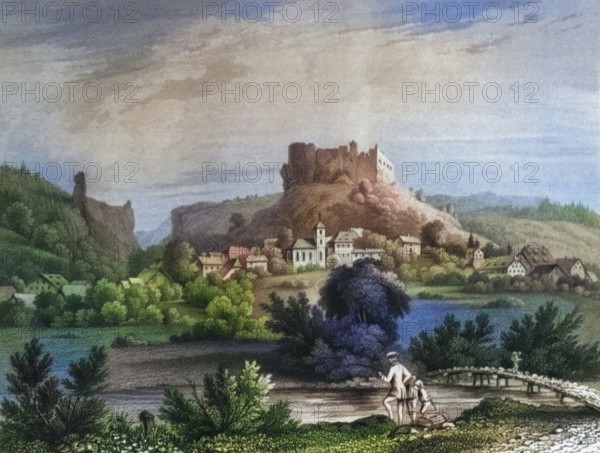 Streitburg Castle Ruins. Streitberg. remains of a high medieval aristocratic castle above the village of Streitberg. Franconian Switzerland. Forchheim district. Upper Franconia. Bavaria. Germany. Digitally enhanced reproduction from a 19th-century original. colorized. historical. exact date unknown.