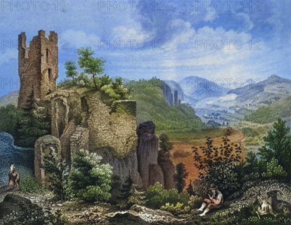 Neideck Castle ruins around 1850. a former high medieval aristocratic castle above the village of Streitberg. Franconian Switzerland. Forchheim district. Upper Franconia. Bavaria. Germany. digitally enhanced reproduction from a 19th-century original. colored. historical. exact date unknown