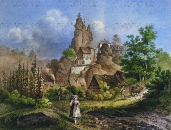 The Felsburg in Tüchersfeld. around 1850. Franconian Switzerland. Bayreuth district. Upper Franconia. Bavaria. Germany. digitally enhanced reproduction from a 19th-century original. colored. historical. exact date unknown