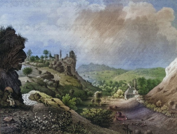 Castle ruins and village of Thüsbronn. Thuisbrunn. part of the town of Gräfenberg. district of Forchheim. Franconian Switzerland. Upper Franconia. Bavaria. Germany. digitally enhanced reproduction from an original from the 19th century. colored. historical. exact date unknown