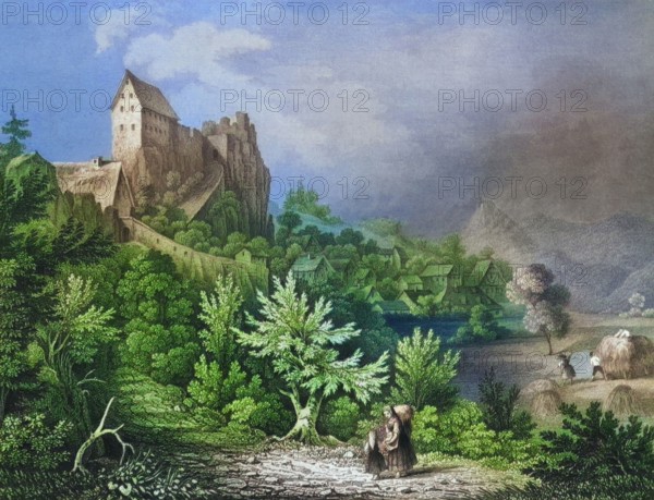 Village and castle ruins of Wolfsberg. former high medieval aristocratic castle. Franconian Switzerland. Forchheim district. Upper Franconia. Bavaria. Germany. digitally enhanced reproduction from an original from the 19th century. colored. historical. exact date unknown