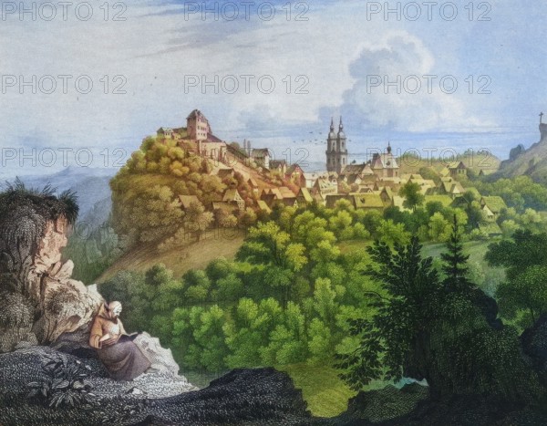 Castle. church and village of Gößweinstein around 1850. Franconian Switzerland. Forchheim district. Upper Franconia. Bavaria. Germany. digitally enhanced reproduction from a 19th-century original. colored. historical. exact date unknown