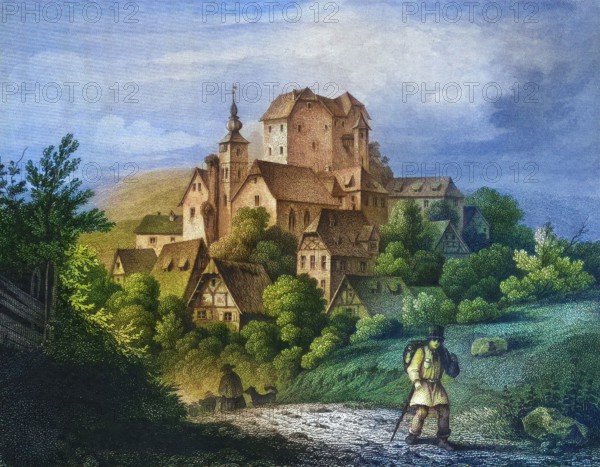 Hiltpoltstein Castle and Village. around 1850. Franconian Switzerland. Forchheim District. Upper Franconia. Bavaria. Germany. digitally enhanced reproduction from a 19th-century original. colored. historical. exact date unknown
