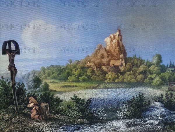 Location: Wichsenstein. Franconian Switzerland. around 1850. in the foreground a woman praying before a crucifix. Forchheim district. Upper Franconia. Bavaria. Germany. digitally enhanced reproduction from an original from the 19th century. colored. historical. exact date unknown