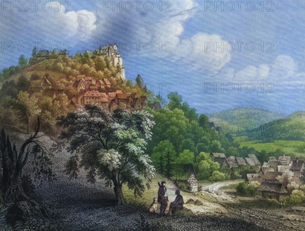Eggloffstein Castle and Village around 1850. climatic health resort. Franconian Switzerland. Forchheim District. Upper Franconia. Bavaria. Germany. digitally enhanced reproduction from a 19th-century original. colored. historical. exact date unknown