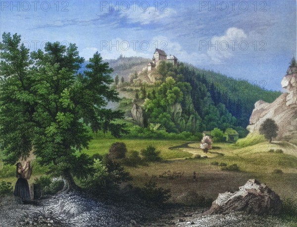 Rabeneck Castle. around 1850. high medieval aristocratic castle. Franconian Switzerland. Bayreuth district. Upper Franconia. Bavaria. Germany. digitally enhanced reproduction from a 19th-century original. colored. historical. exact date unknown