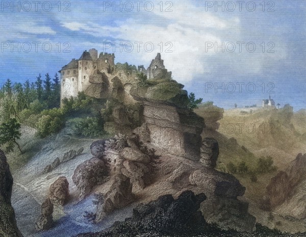 Rabenstein Castle. a high medieval spur castle. Ahorntal. Franconian Switzerland. Bayreuth district. Upper Franconia. Bavaria. Germany. digitally enhanced reproduction from a 19th-century original. colored. historical. exact date unknown