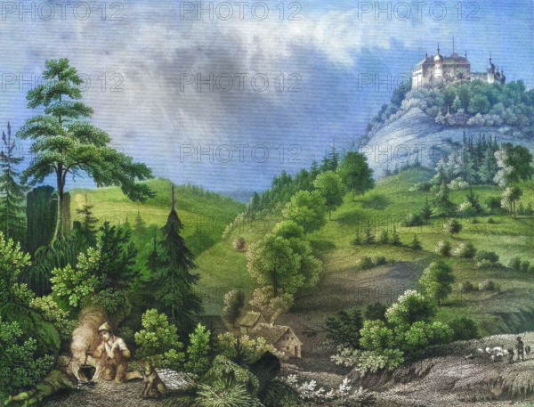 Greifenstein Castle around 1850. Franconian Switzerland. Heiligenstadt. Bamberg district. Upper Franconia. Bavaria. Germany. digitally enhanced reproduction from a 19th-century original. colored. historical. exact date unknown