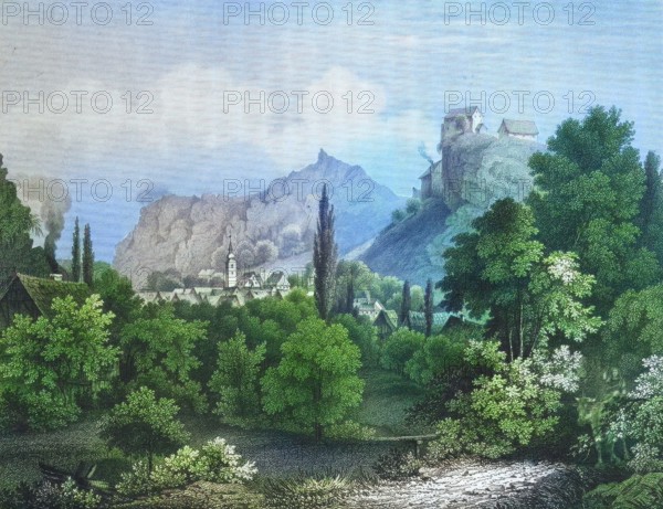 Pottenstein Castle and Village. climatic health resort. Franconian Switzerland. around 1850. Bayreuth district. Upper Franconia. Bavaria. Germany. digitally enhanced reproduction from a 19th-century original. colored. historical. exact date unknown