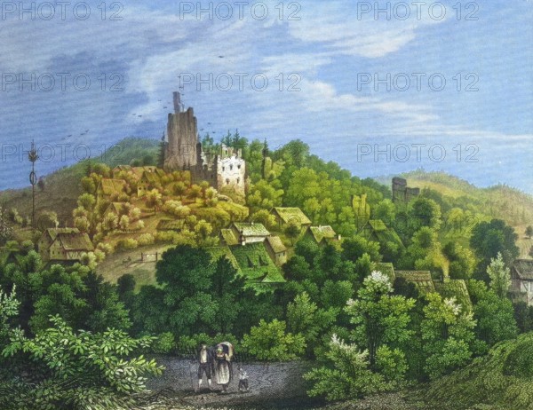 Bärenfels. Niesten Castle. around 1850. castle complex in the High Middle Ages. Weismain. Franconian Switzerland. Lichtenfels district. Upper Franconia. Bavaria. Germany. digitally enhanced reproduction from a 19th-century original. colored. historical. exact date unknown
