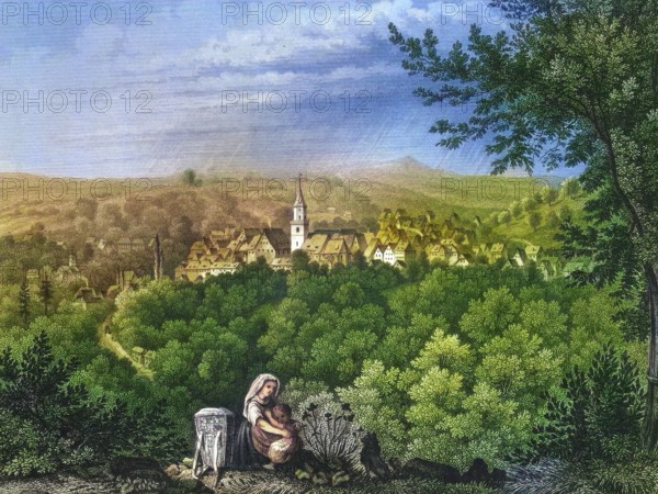 Town of Gräfenberg. around 1855. Franconian Switzerland. Forchheim district. Upper Franconia. Bavaria. Germany. Franconian Switzerland. Europe. Germany. Bavaria. Upper Franconia. Forchheim district. Upper Franconia. region. district. Upper Franconian. Upper Franconian. Upper Franconian. administrative district. region. Bavaria. Bavarian. Bavarian. Bavarian. Germany. German. German. German. German. travel. travel photography. travel. creative. digitally improved reproduction from an original from the 19th century. colored. historical. exact date unknown