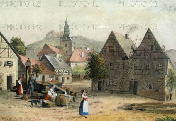Village square in Muggendorf. climatic health resort. around 1850. Franconian Switzerland. Forchheim district. Upper Franconia. Bavaria. Germany. digitally enhanced reproduction from a 19th-century original. colored. historical. exact date unknown