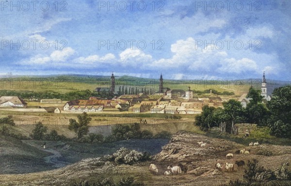 Erlangen in 1850. Middle Franconia. Bavaria. Germany. digitally enhanced reproduction from a 19th-century original. colored. historical. exact date unknown