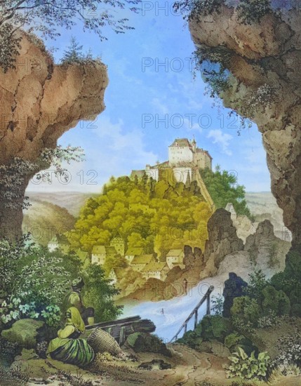 Village and castle of Gößweinstein around 1850. Franconian Switzerland. Forchheim district. Upper Franconia. Bavaria. Germany. digitally enhanced reproduction from a 19th-century original. colored. historical. exact date unknown