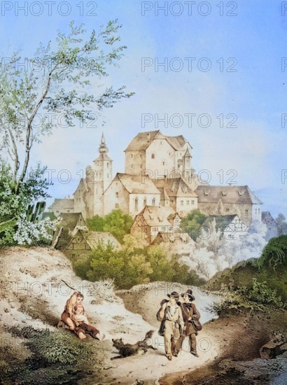 Village and castle of Hilpoltstein. around 1850. Franconian Switzerland. Forchheim district. Upper Franconia. Bavaria. Germany. digitally enhanced reproduction from a 19th-century original. colored. historical. exact date unknown