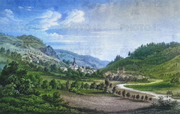 Muggendorf. climatic health resort. around 1850. Franconian Switzerland. Forchheim district. Upper Franconia. Bavaria. Germany. digitally enhanced reproduction from an original from the 19th century. colored. historical. exact date unknown