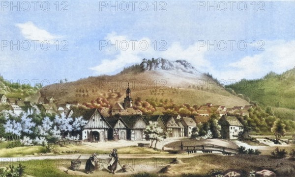 Muggendorf. climatic health resort. around 1850. Franconian Switzerland. Forchheim district. Upper Franconia. Bavaria. Germany. digitally enhanced reproduction from an original from the 19th century. colored. historical. exact date unknown