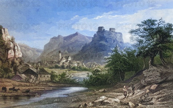 Pottenstein Castle and Village. climatic health resort. Franconian Switzerland. around 1850. Bayreuth district. Upper Franconia. Bavaria. Germany. digitally enhanced reproduction from a 19th-century original. colored. historical. exact date unknown