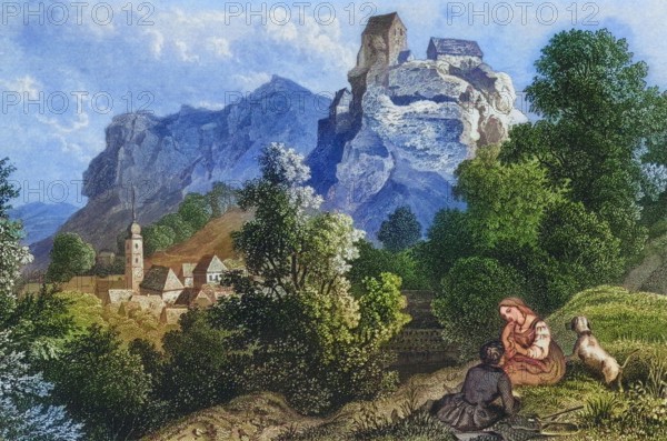 Pottenstein Castle and Village. climatic health resort. Franconian Switzerland. around 1850. Bayreuth district. Upper Franconia. Bavaria. Germany. digitally enhanced reproduction from a 19th-century original. colored. historical. exact date unknown
